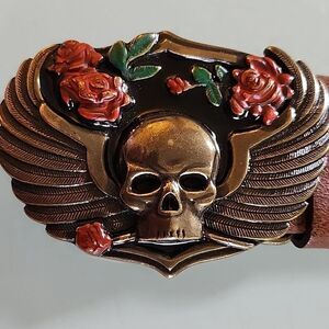 Nine West Brown Belt with Skull and Rose Winged Buckle. EUC.